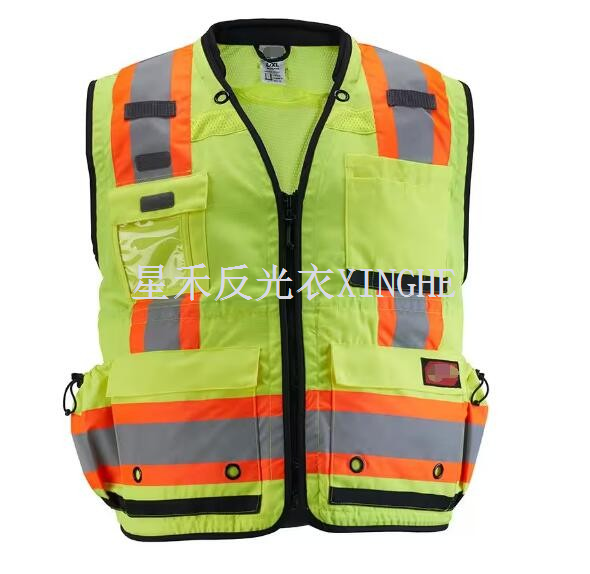 Gul klasse 2 landmålers sikkerhetsvest med høy synlighet med 27-lommer